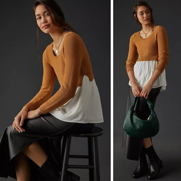 Anthropologie Layered Sweater Tan White Mixed Media Preppy Coastal Knit Beach - Picture 1 of 8
